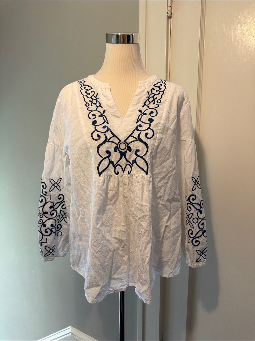 White V-Neck Tunic with Navy Embroidered Detail